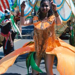 Colorful carnival performer in ornate orange costume