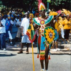 Man wearing colorful carnival costume with shield
