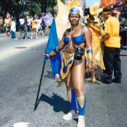 Woman in blue and gold carnival costume