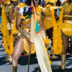 Carnival dancer in yellow costume holding flag