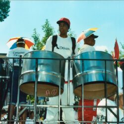 Steel drum band performing outdoors at parade
