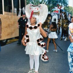 Person in sequined snake costume at parade