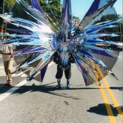 Person in iridescent spiky blue-purple parade costume