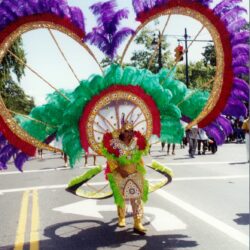 Colorful carnival dancer in large feathered costume