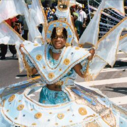 Child in elaborate blue and white parade costume