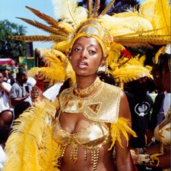 Woman in gold feathered carnival costume