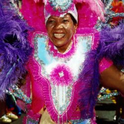 Smiling carnival performer in pink feathered costume