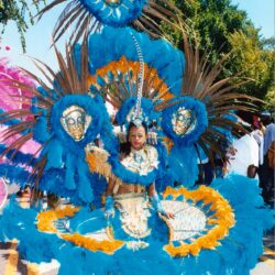 Performer in elaborate blue and gold carnival costume