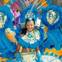 Carnival performer in blue and gold feathered costume