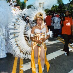 Person in white feathered carnival costume