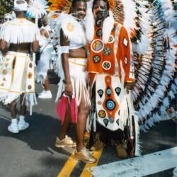 Carnival performers in colorful feathered costumes
