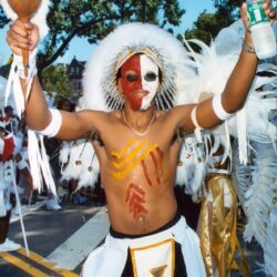 Carnival performer with feathered headdress and body paint