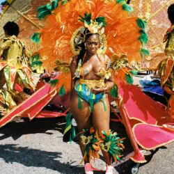 Carnival dancer in vibrant orange feathered costume