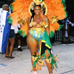 Carnival dancer in orange and green feathered costume