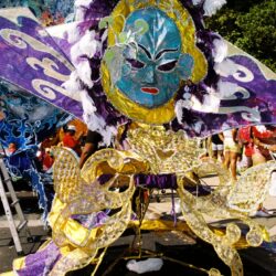 Vibrant purple and gold carnival mask costume