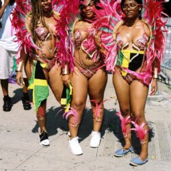 Three women in pink feathered carnival costumes