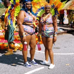 Two women in vibrant carnival feathered costumes