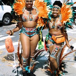 Two people in colorful carnival feather costumes