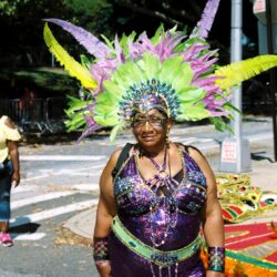Person in purple sequined carnival costume and headdress