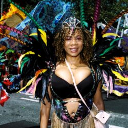 Carnival performer in colorful feathered costume