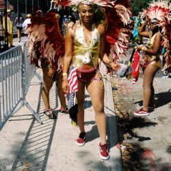 Woman in feathered carnival costume with American flag