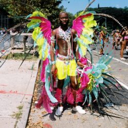 Person in vibrant feathered carnival costume