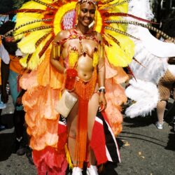 Woman in vibrant yellow-orange carnival costume