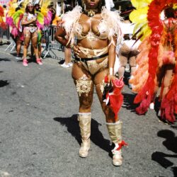 Woman in gold feathered carnival costume at parade