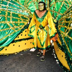 Masked performer in elaborate green and gold costume