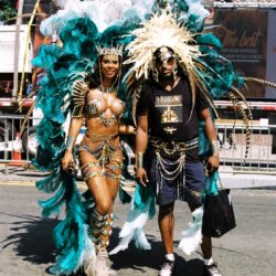 Two people in elaborate feathered carnival costumes