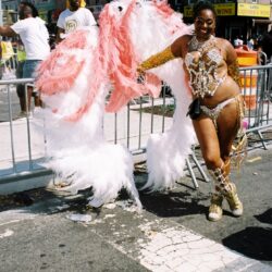 Carnival dancer with large pink feather wings