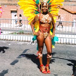 Carnival dancer in yellow feathered costume