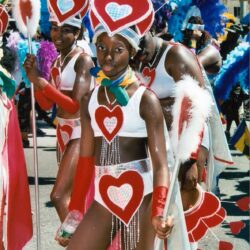 Carnival dancer in heart-themed costume
