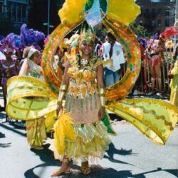 Smiling woman in yellow and green carnival costume