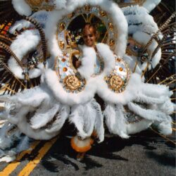 Performer wearing ornate white feathered parade costume