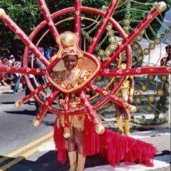 Person in red and gold sunburst parade costume