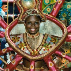 Smiling carnival performer in ornate heart costume