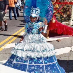 Performer in blue feathered carnival costume at parade
