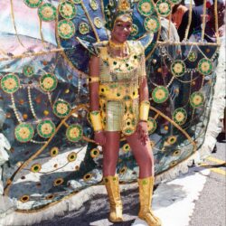 Carnival performer in gold and green peacock costume