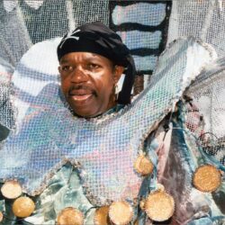 Person in iridescent carnival costume with gold disks