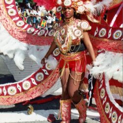 Woman in red feathered carnival costume at parade