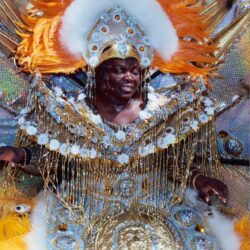 Smiling performer in ornate gold and orange costume