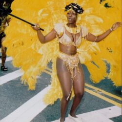 Carnival dancer with large yellow feather costume