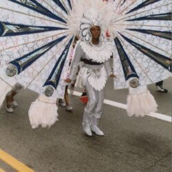Carnival performer in large white feathered costume