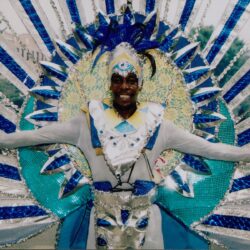 Smiling person in blue and silver carnival costume