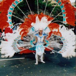 Person in large red, white, blue carnival costume