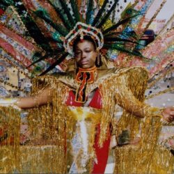 Carnival performer in gold feathered costume