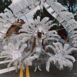 Carnival performer in elaborate silver feathered costume