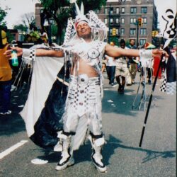 Man in elaborate costume at street parade.