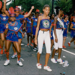 Group of young women in blue parade costumes